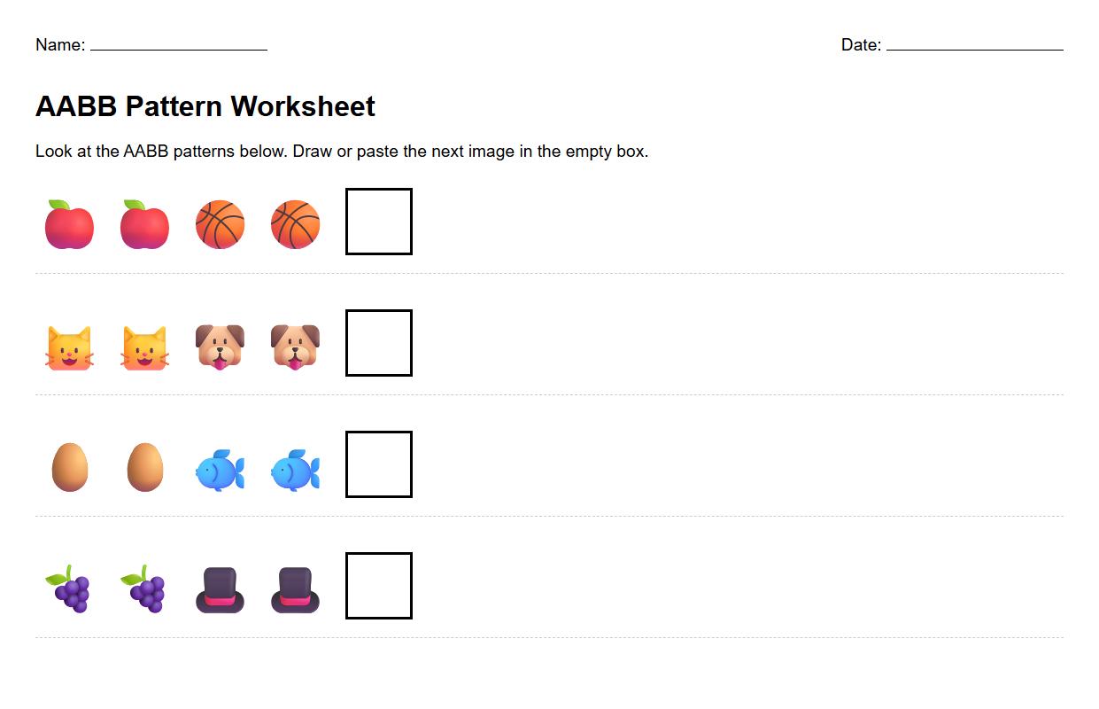 AABB Pattern Recognition Worksheet with Phonics Images