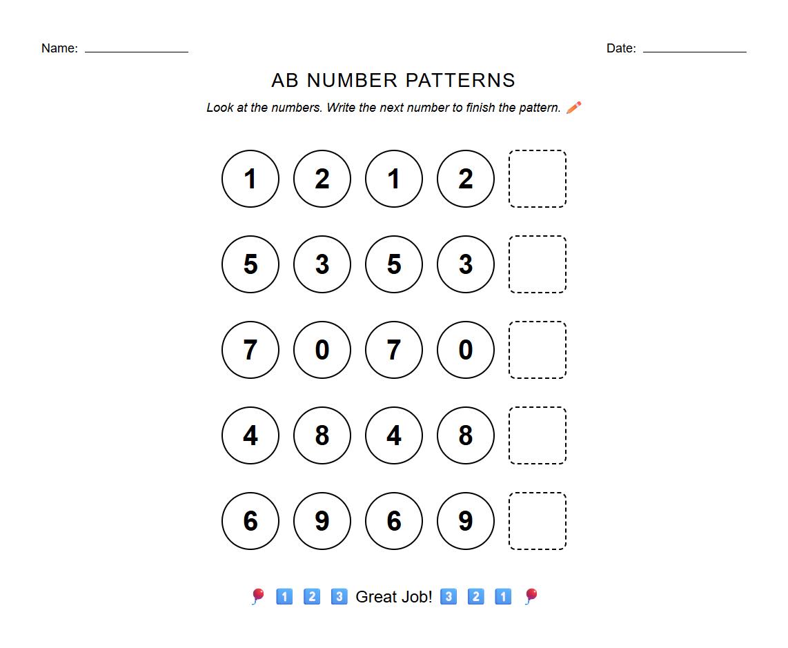 AB Pattern Completion with Numbers Worksheet