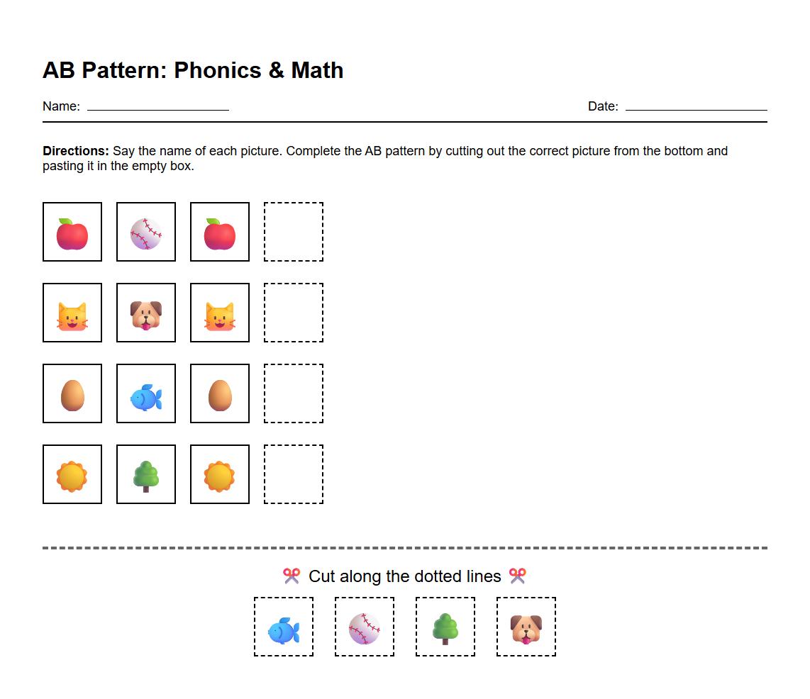 AB Pattern Cut and Paste Phonics Activity Sheet