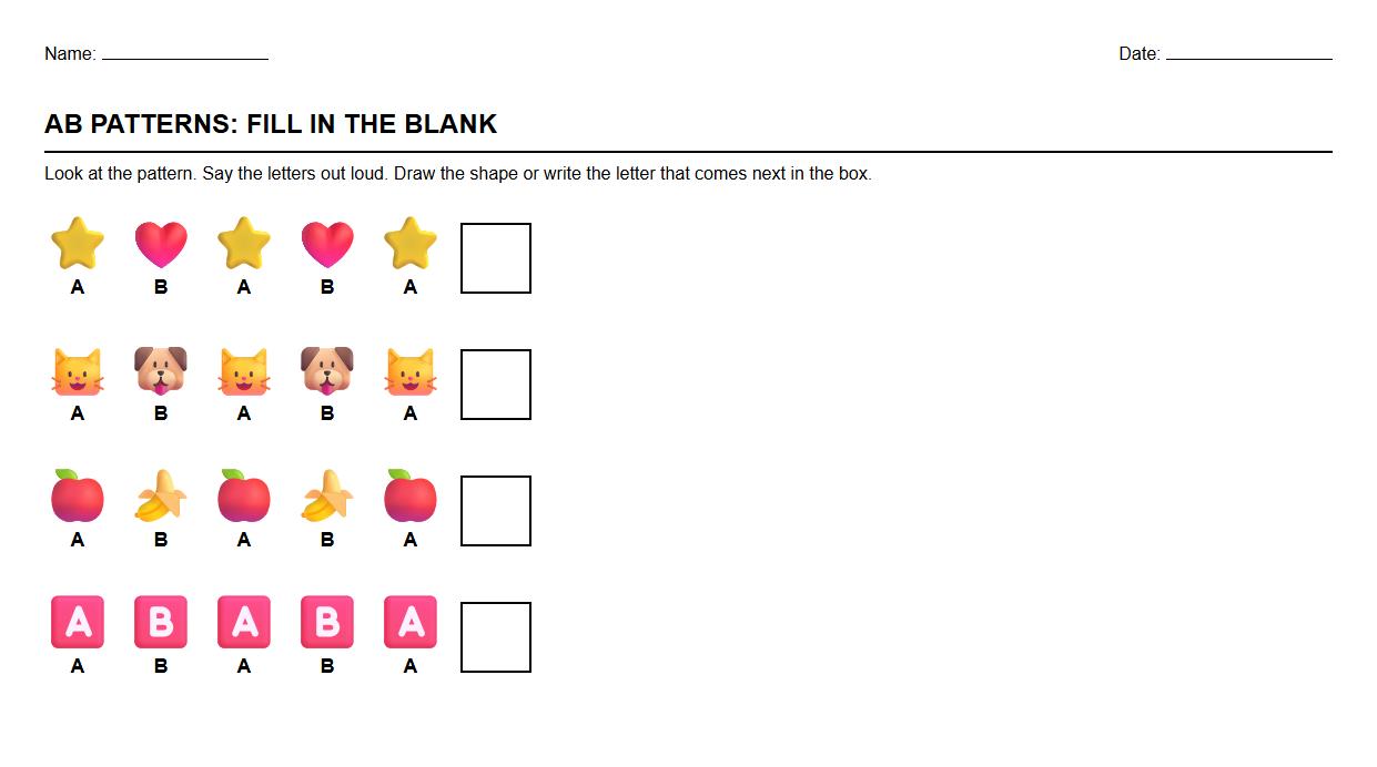 AB Pattern Fill In The Blank Phonics Worksheet