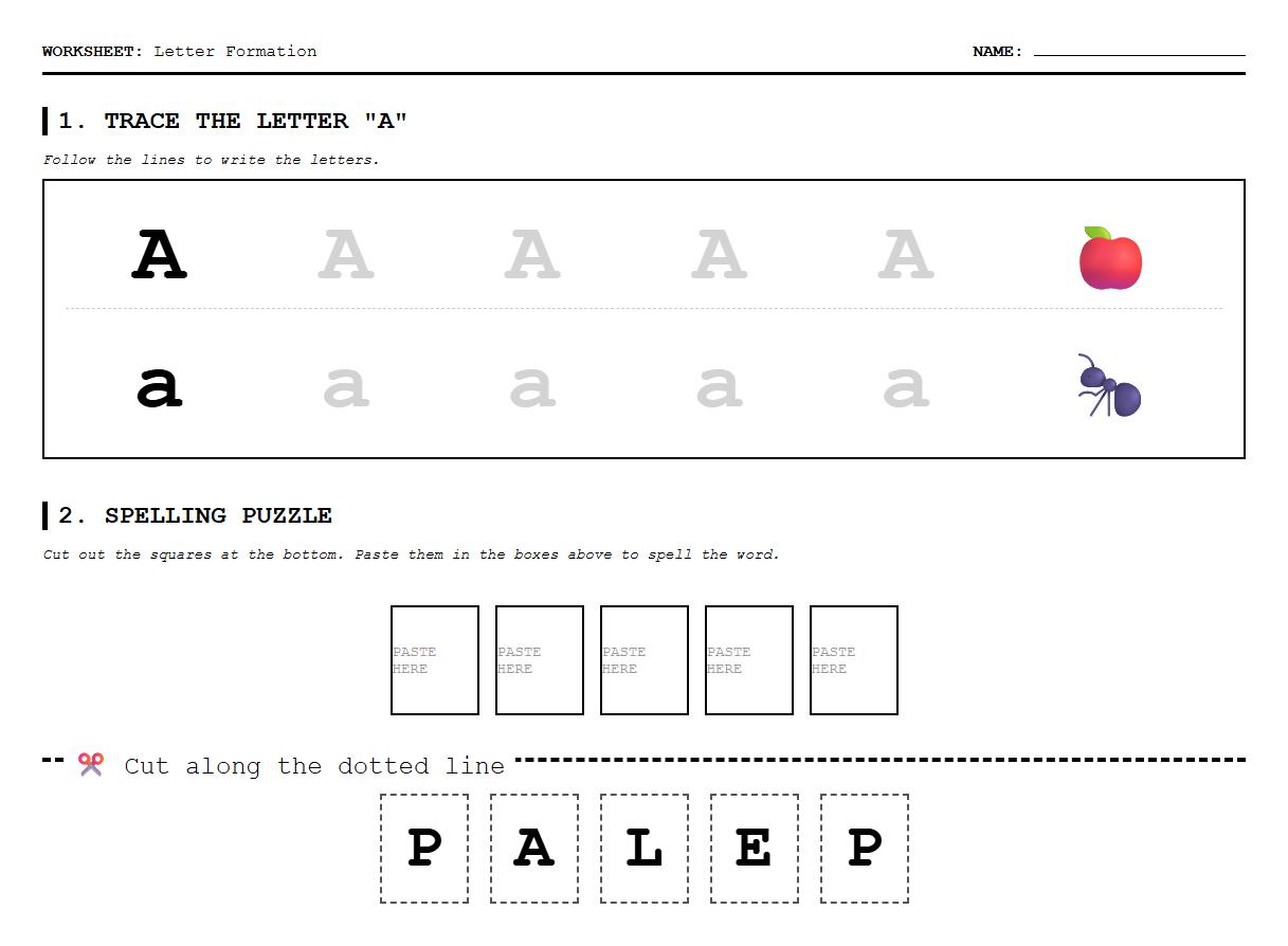Alphabet Letter Formation Tracing and Assembly Puzzle Worksheet
