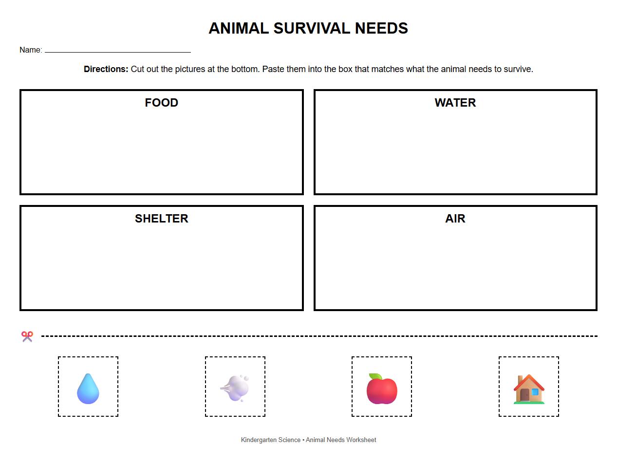 Animal Survival Needs Cut and Paste Worksheet