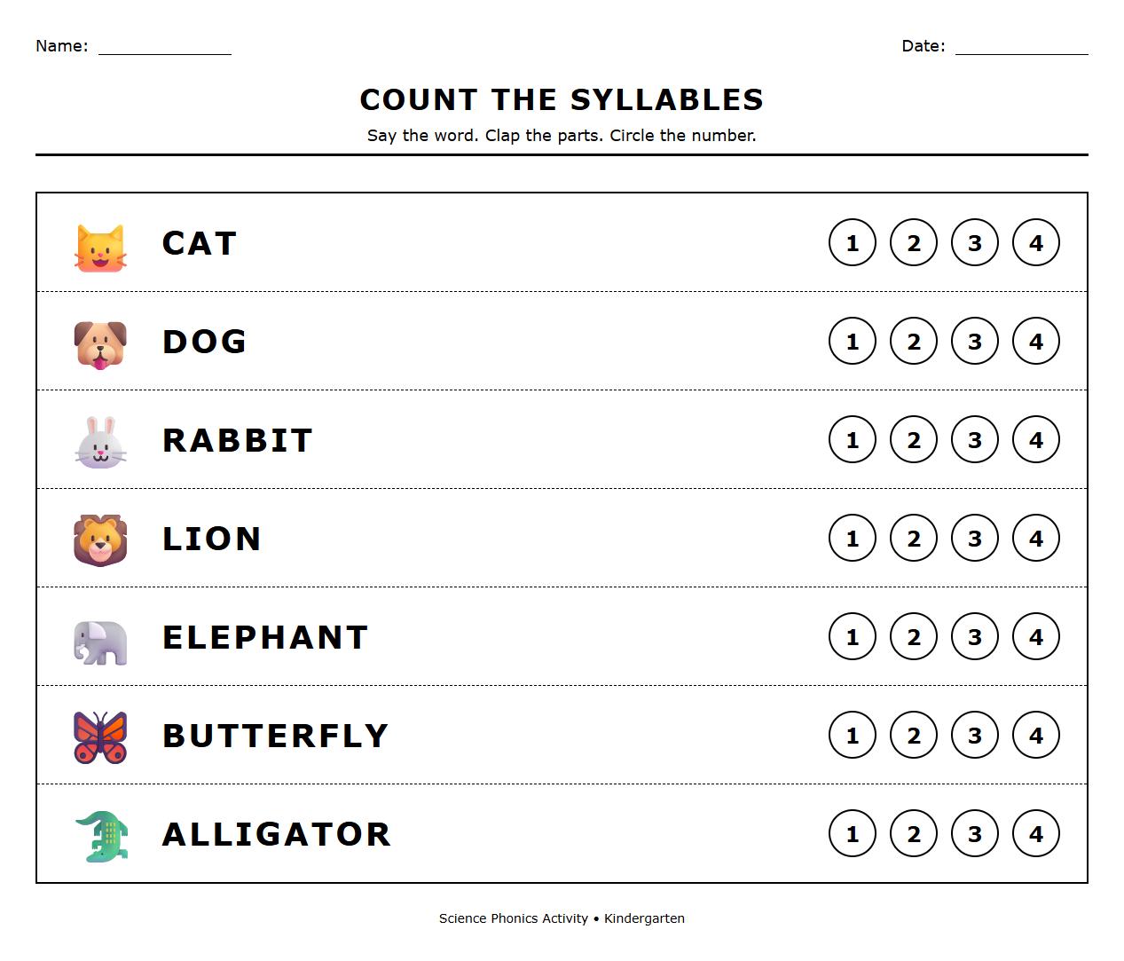 Animal Syllable Counting Phonics Worksheet