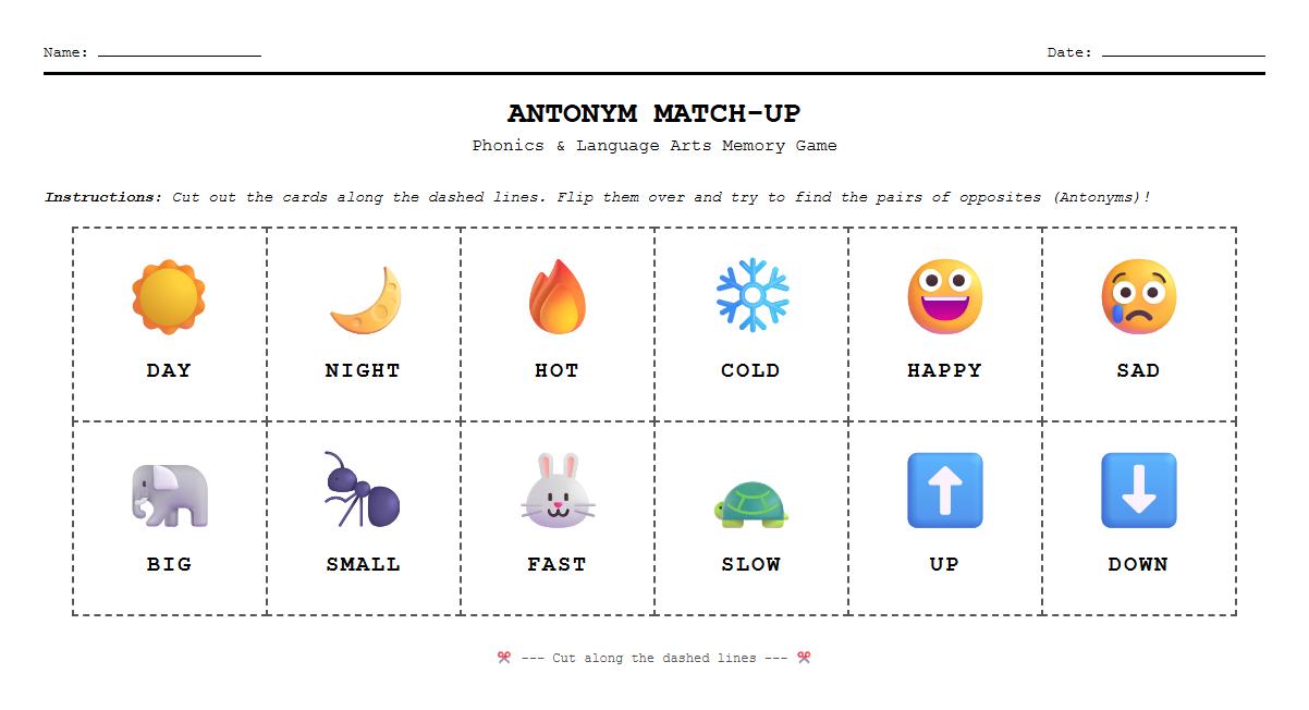 Antonym Memory Game Cards for Phonics