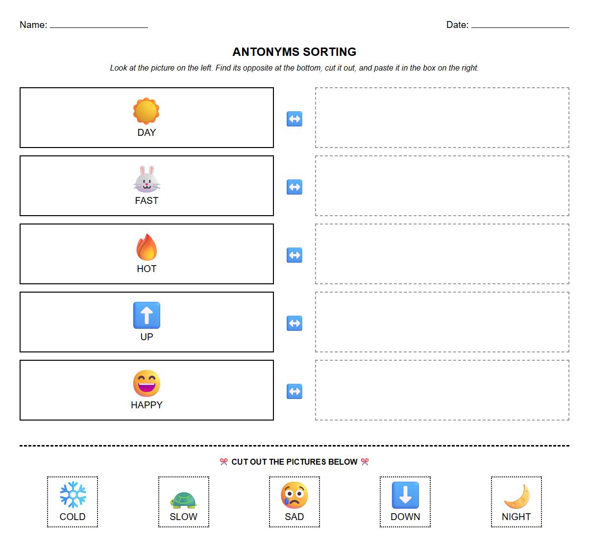 Antonyms Sorting Worksheet with Thematic Vocabulary Sets