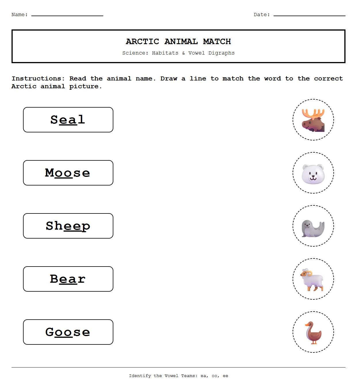 Arctic Animal Habitat Match Worksheet Using Vowel Digraphs in Animal Names