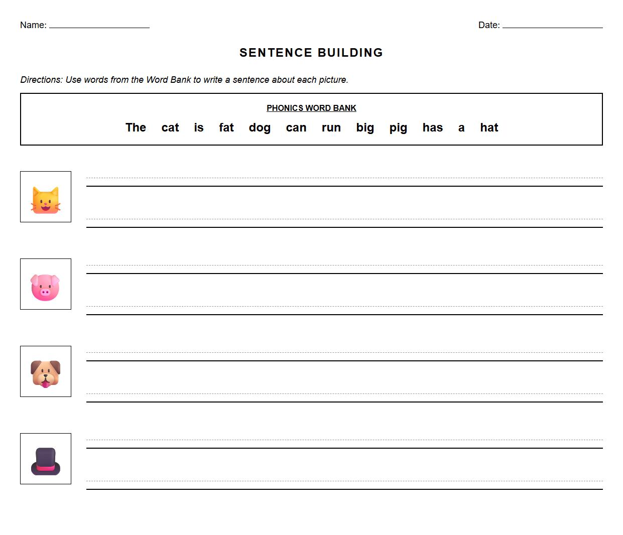 Basic Sentence Formation Practice with Phonics Word Banks