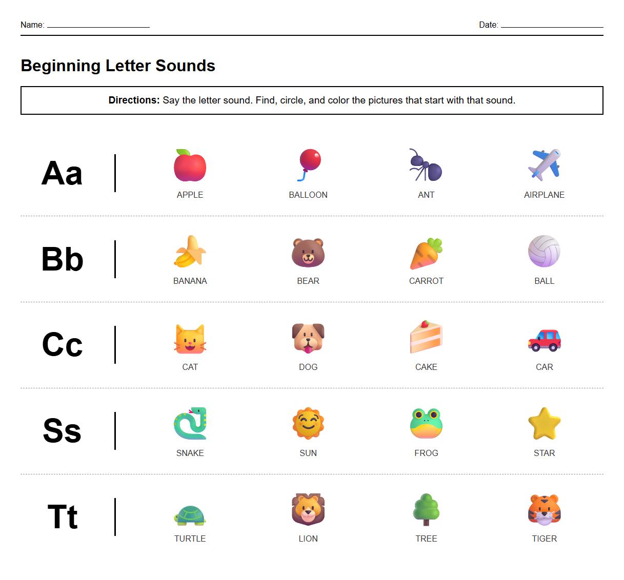 Beginning Letter Sound Color and Circle Worksheet