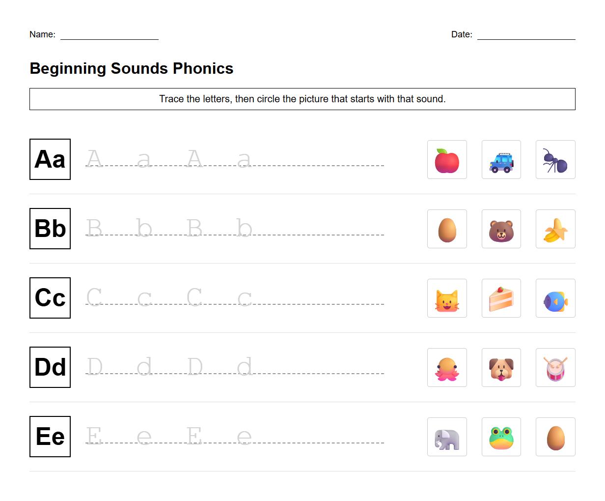 Beginning Sound Phonics Tracing Activity