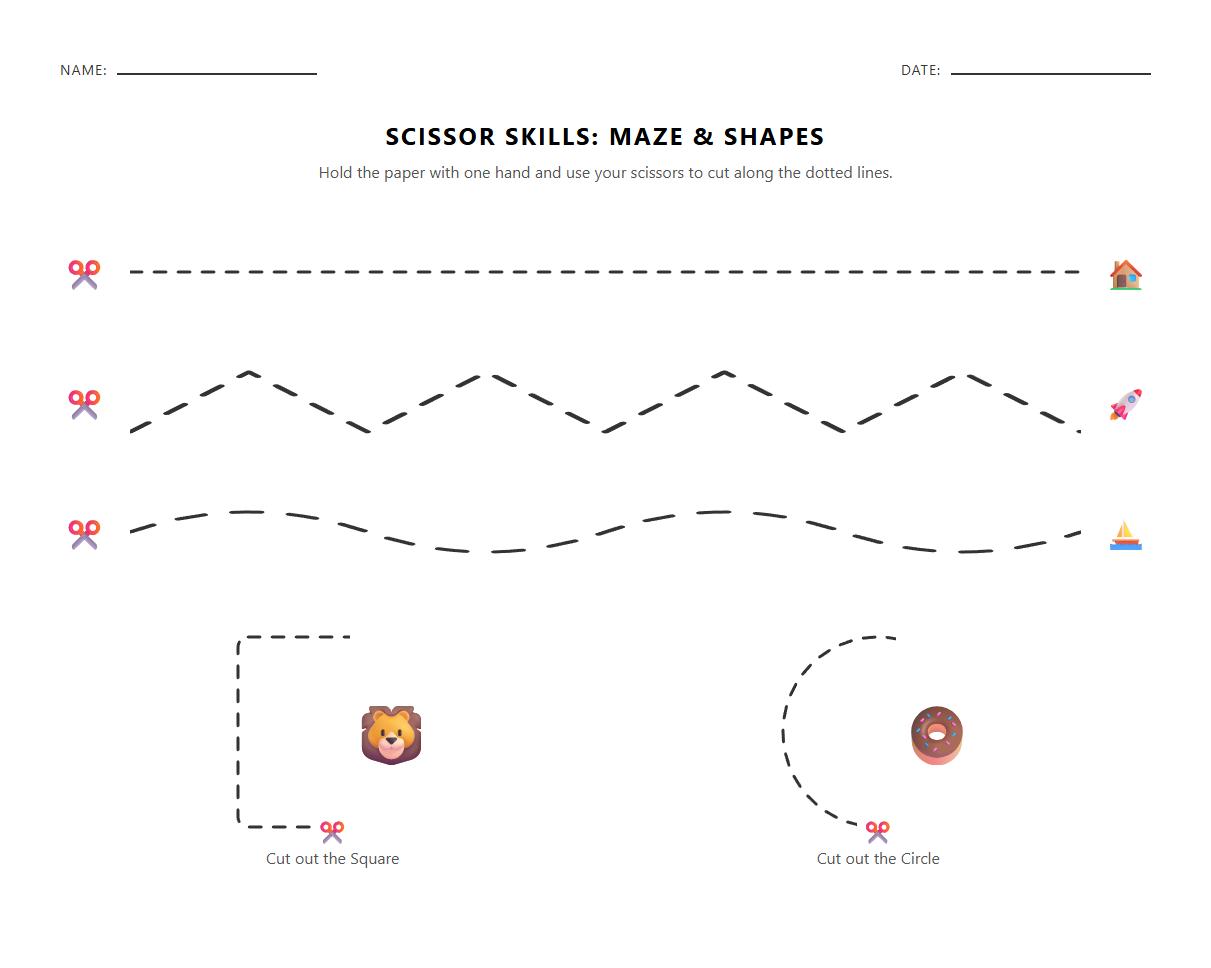 Bilateral Coordination Scissor Cutting Activities with Maze Shapes