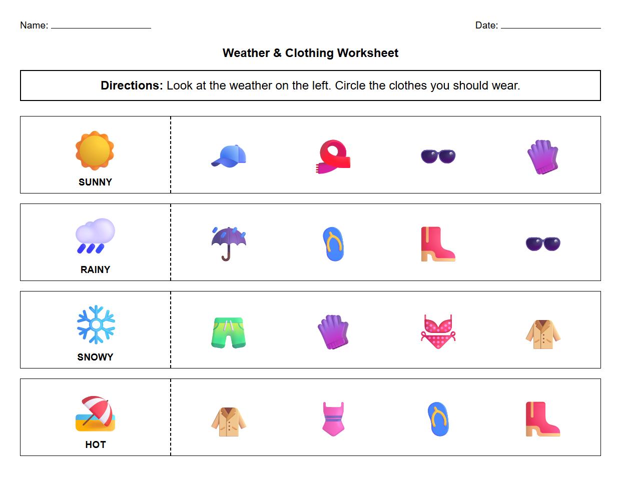 Circle the Correct Clothing Worksheet for Each Weather Scene