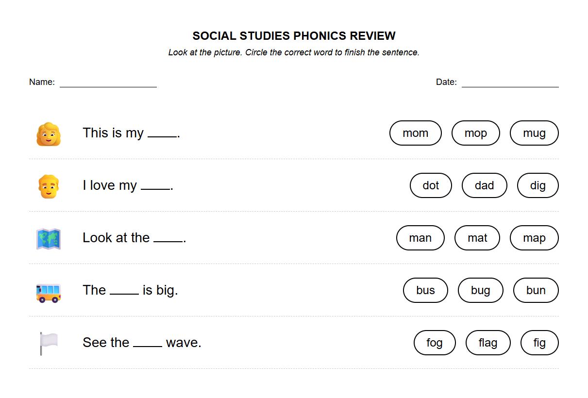 Circle the Correct Family Word to Complete the Sentence Phonics Review