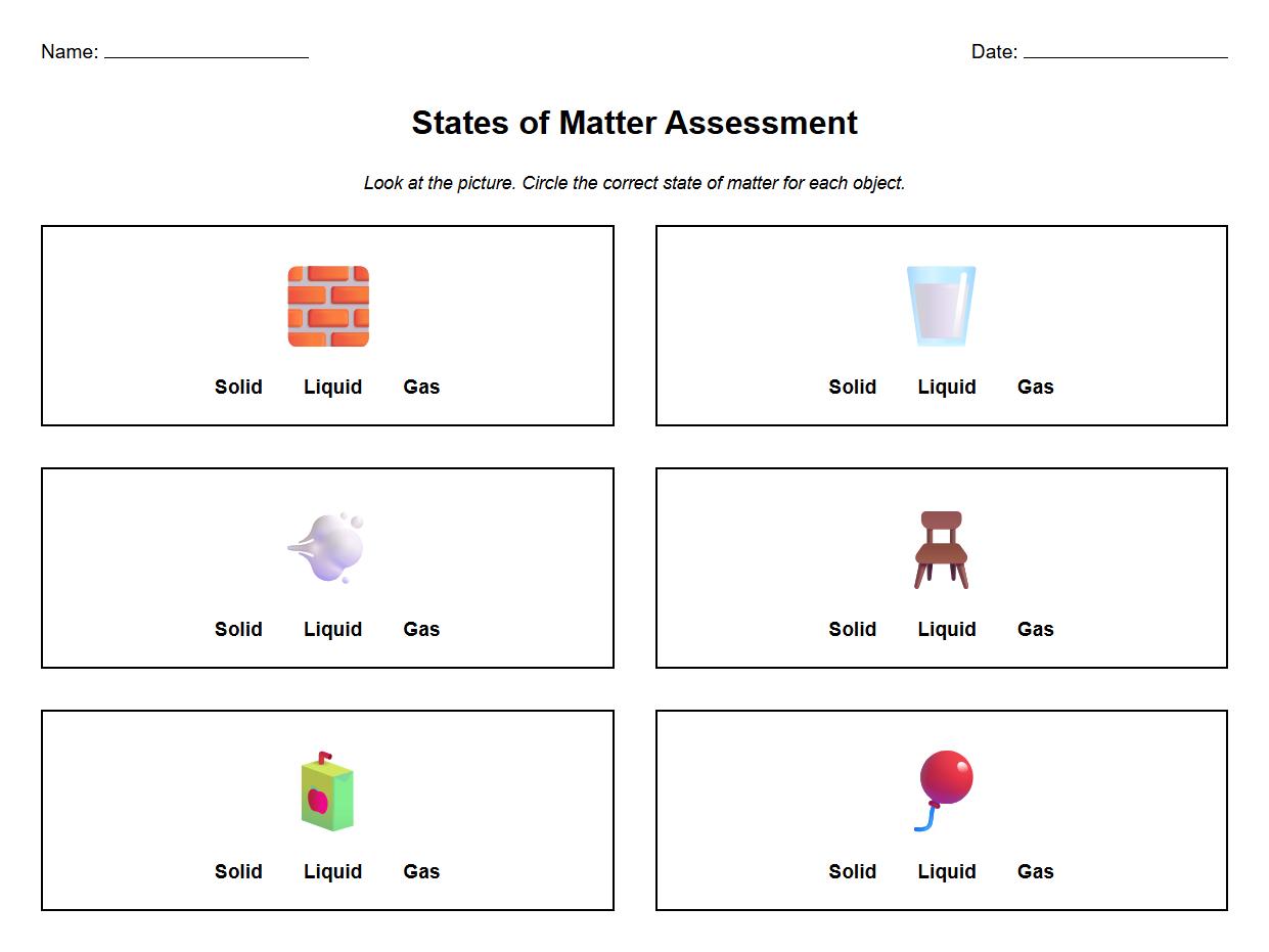 Circle the Correct State of Matter for Each Picture Assessment