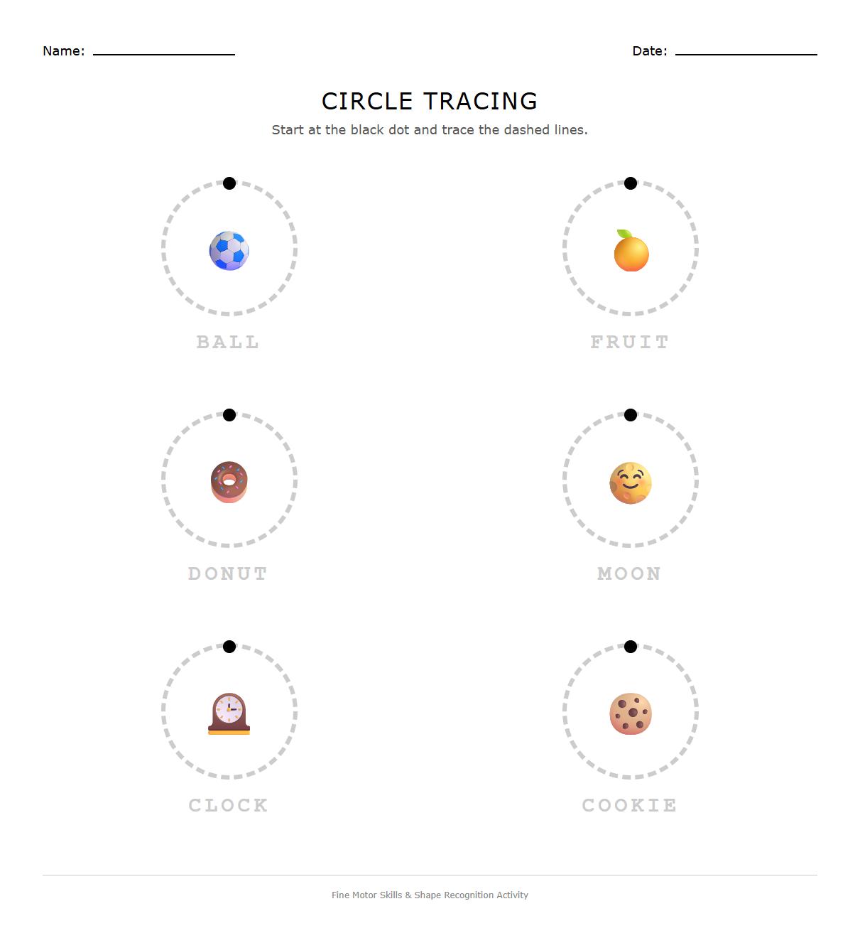 Circle Curve Tracing Worksheet for Shape Recognition