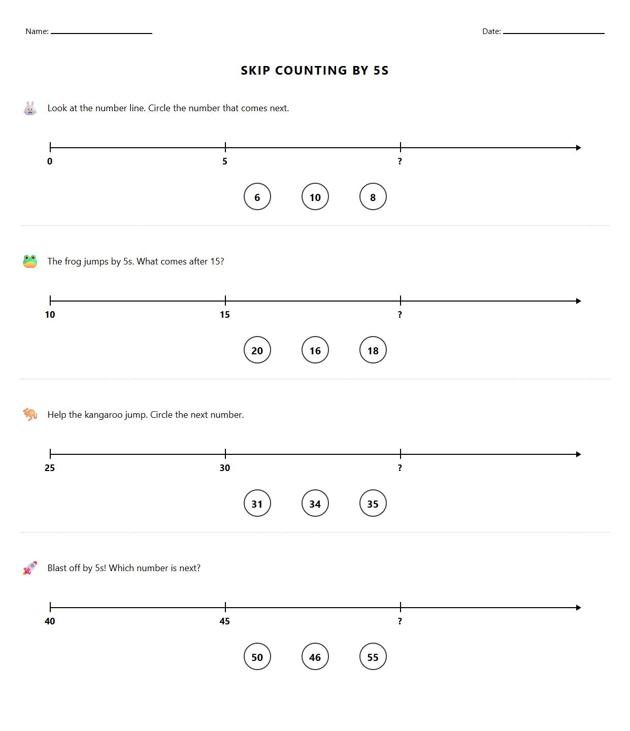 Circle the Next Number by 5s on Number Line Worksheet