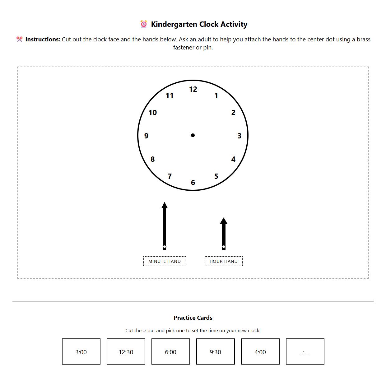 Clock Manipulative Cutouts for Time Recognition Exercise