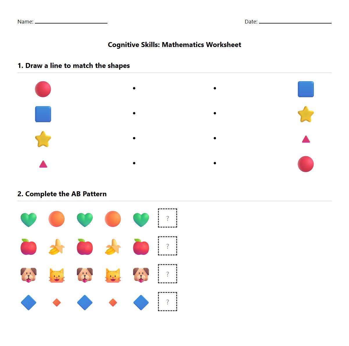 Cognitive Skills AB Color Shape Matching Worksheet