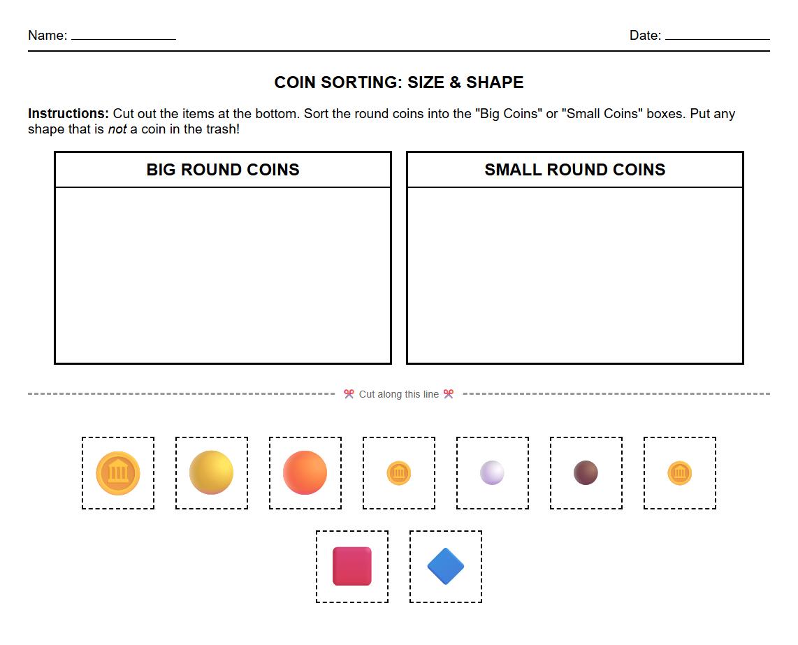 Coin Size and Shape Sorting Worksheet