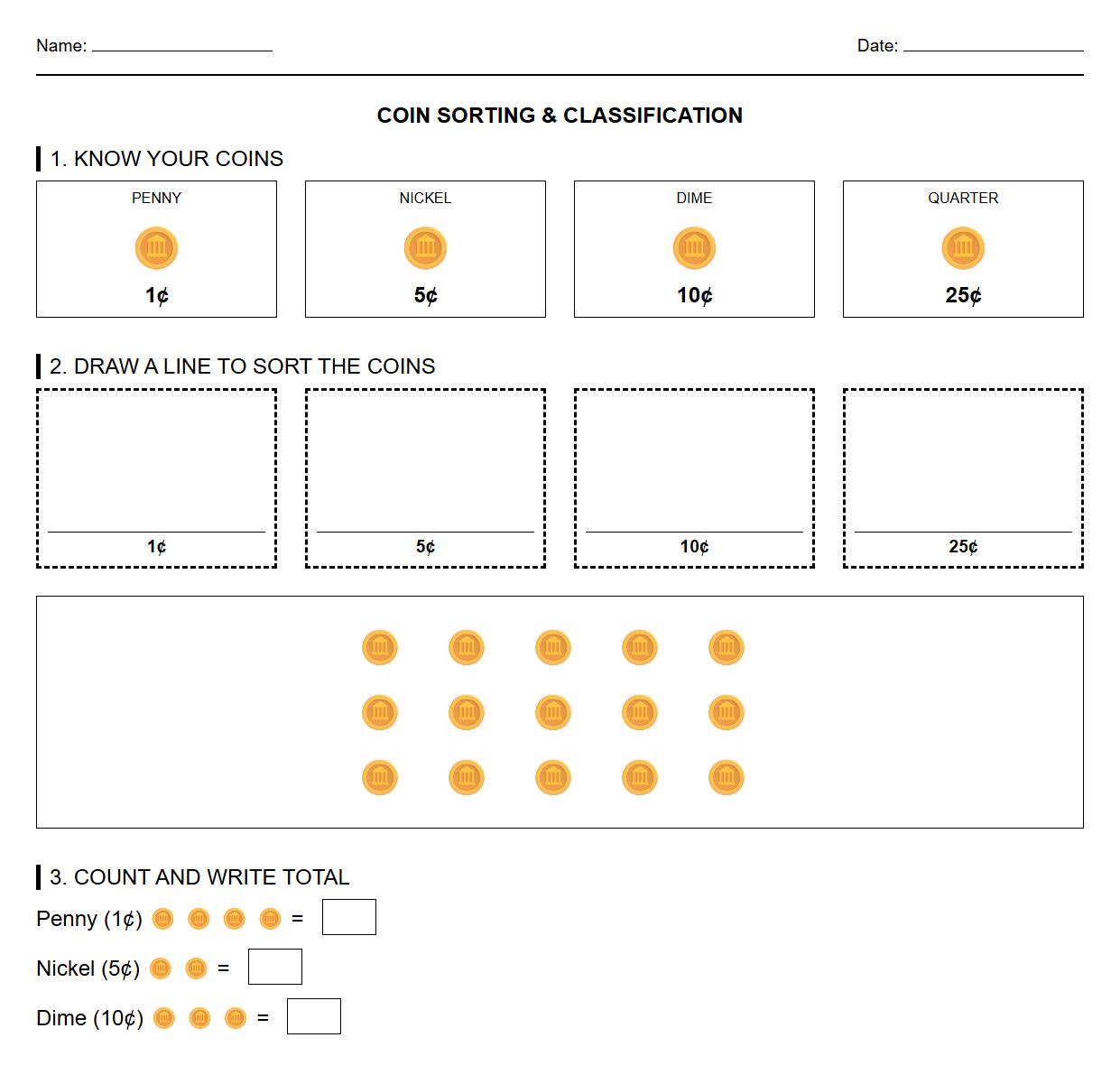 Coin Sorting and Classification Worksheet