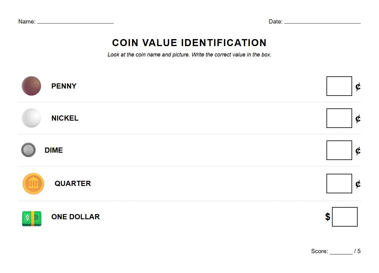 Coin Value Identification Worksheet