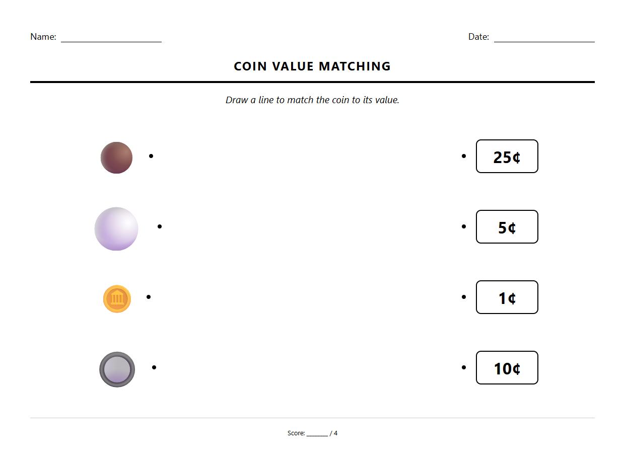 Coin Value Matching Sheet using visual discrimination and numerical recognition