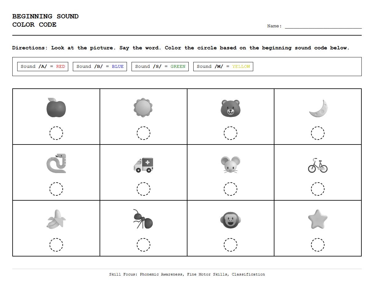 Color by Beginning Sound Code Following Directions Sheet