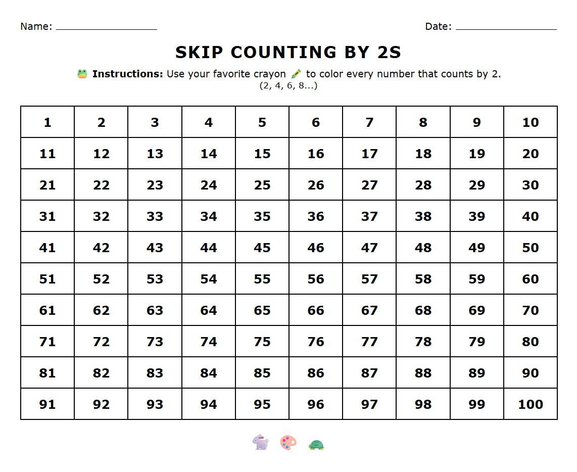 Color Coded Skip Counting by 2s Grid Worksheet