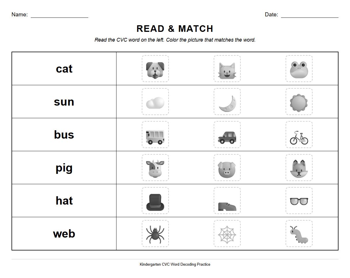 Color by CVC Word Decoding Worksheet