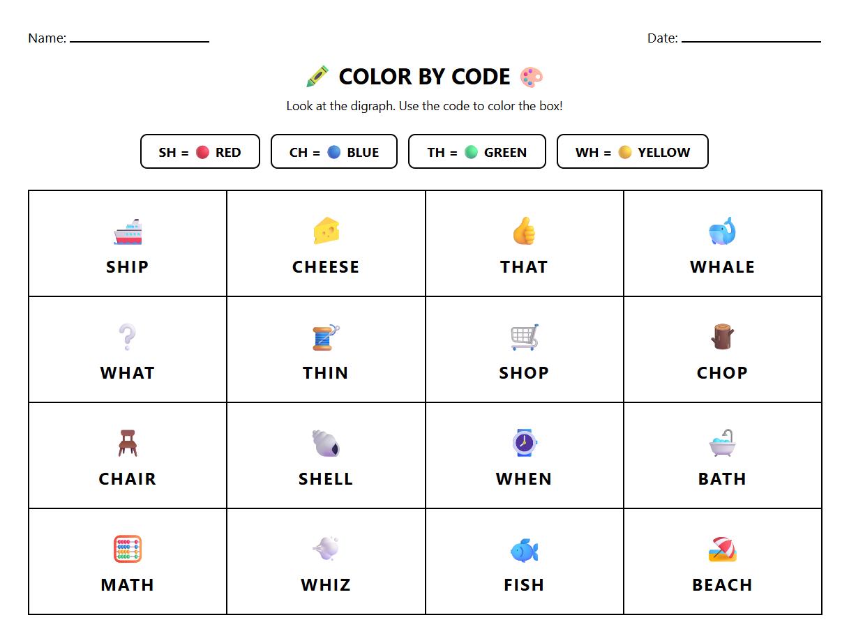 Color by Digraph Code Worksheet for Kindergarten Phonics