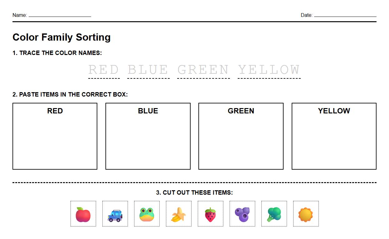 Color Family Sorting and Naming Worksheet