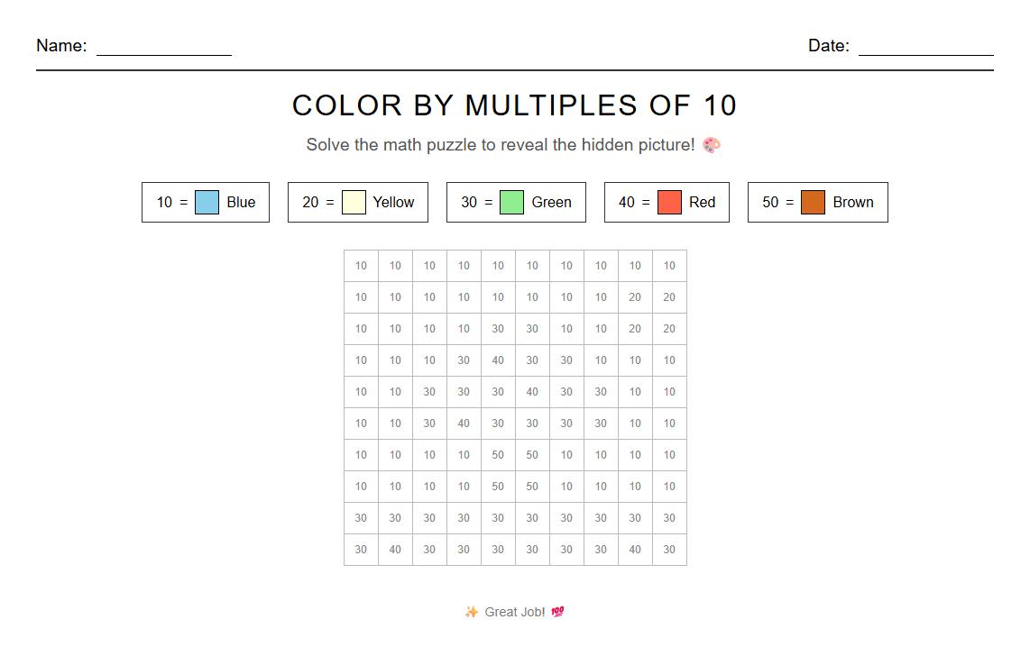 Color by Number Using Multiples of 10s Worksheet