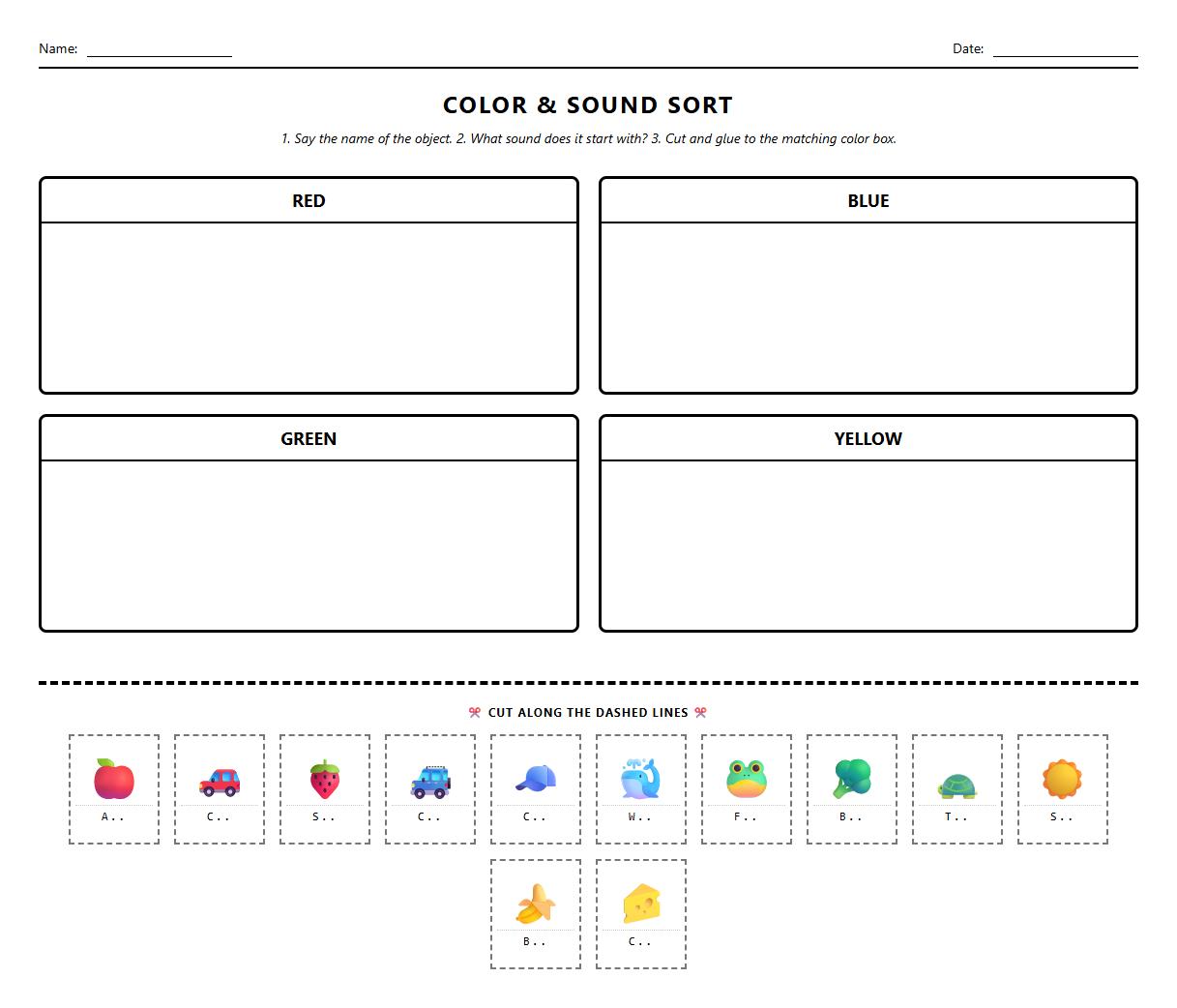 Color and Object Sorting with Initial Sound Phonics Worksheet