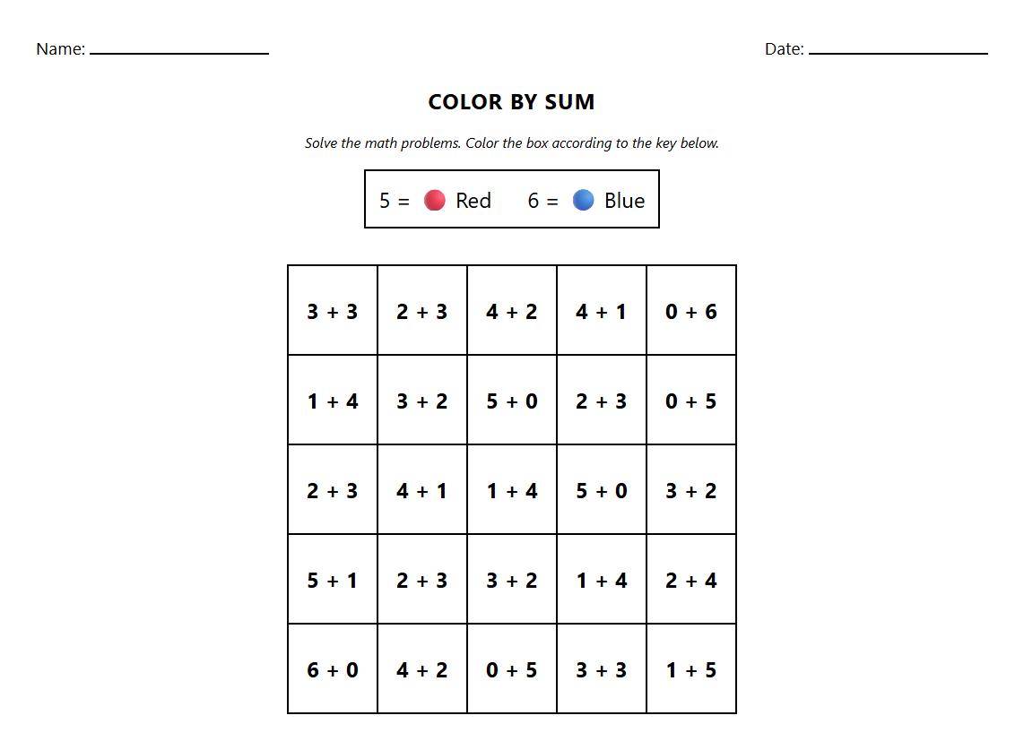 Color by Sum Kindergarten Problem Solving Worksheet