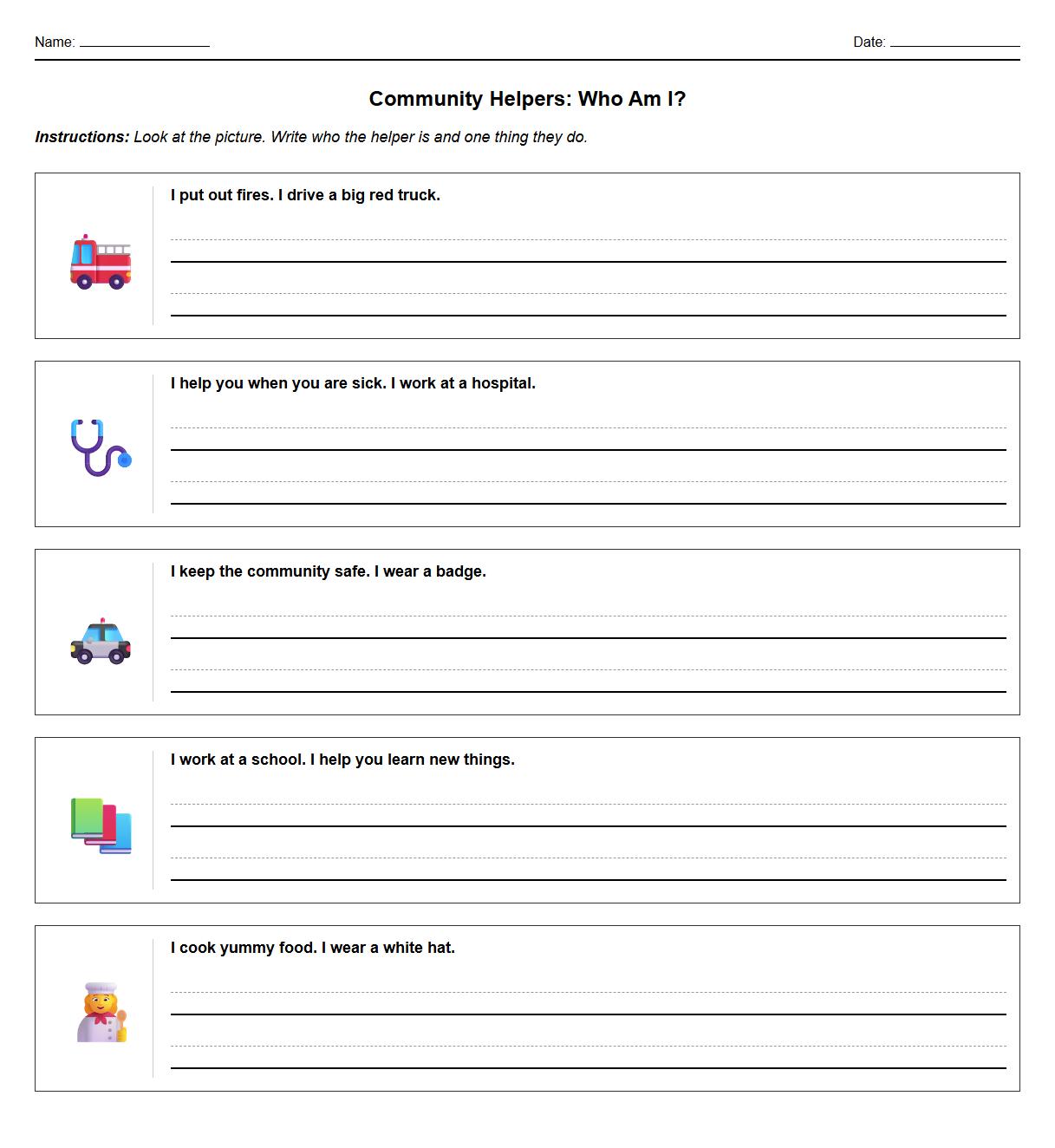 Community Helpers Descriptive Prompts Worksheet