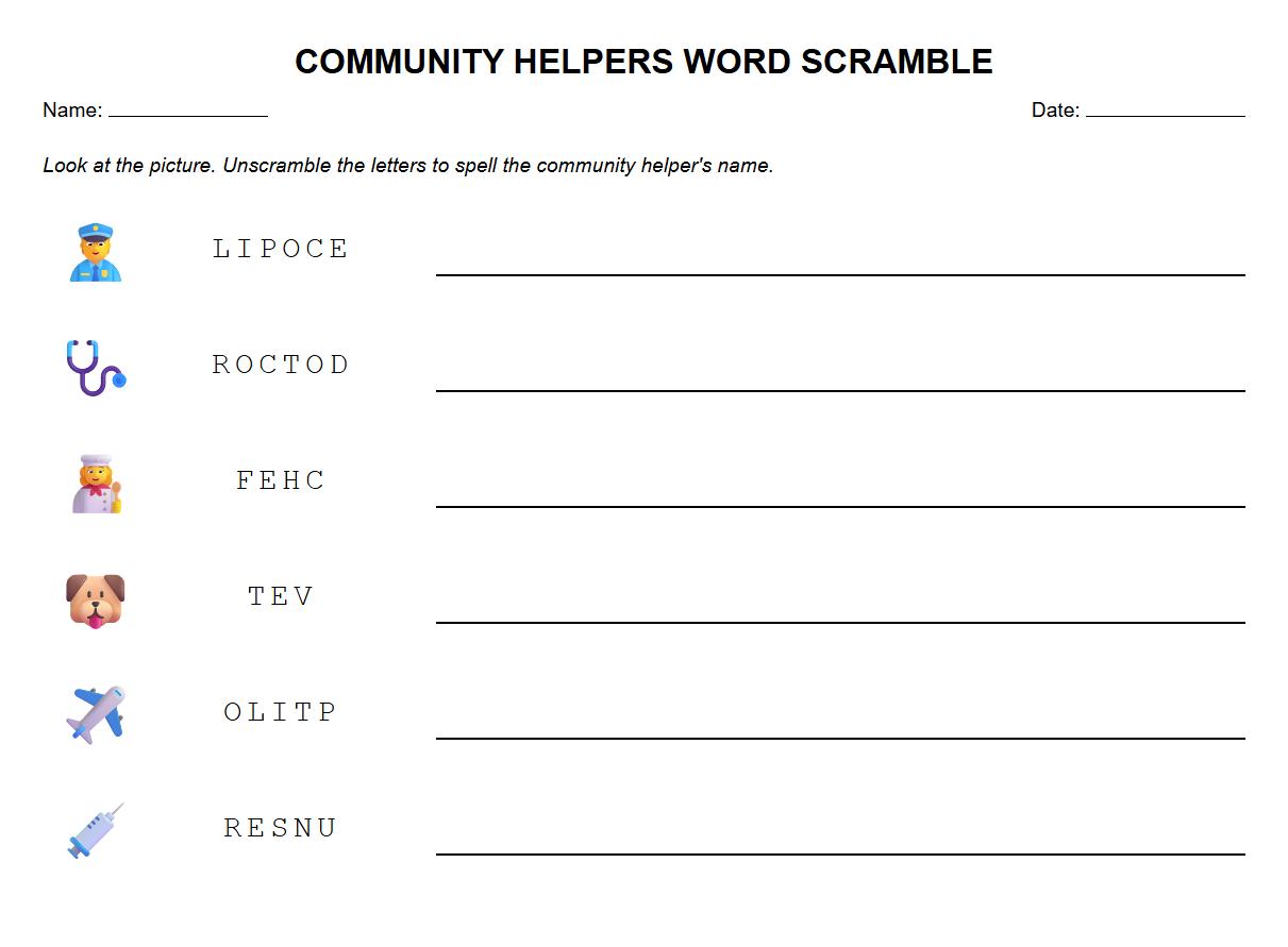 Community Helpers Word Scramble for Phonics Skills