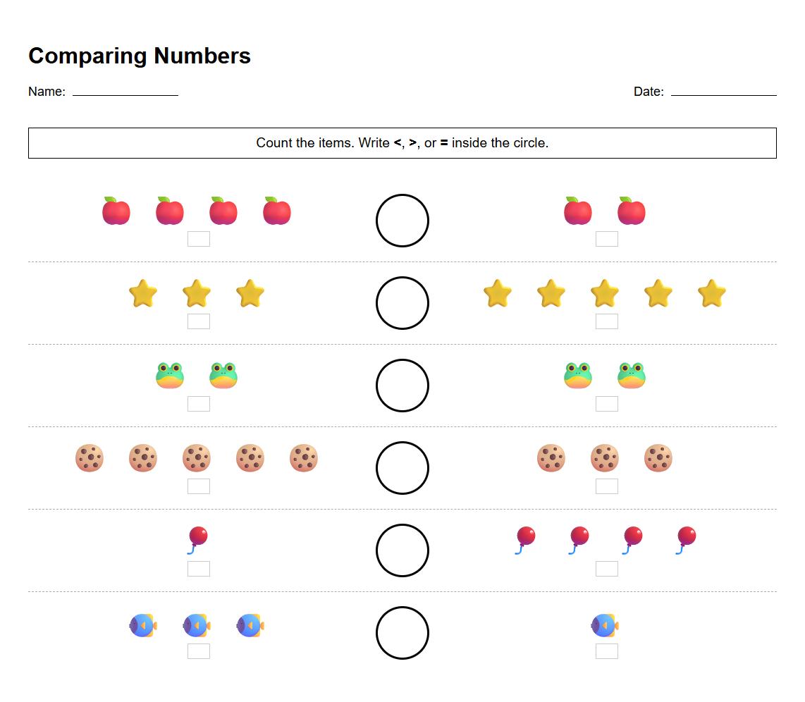 Comparing Numbers Using Visual Representation Worksheet