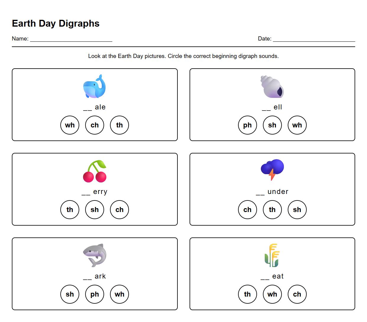 Consonant Digraphs Featuring Earth Day Vocabulary