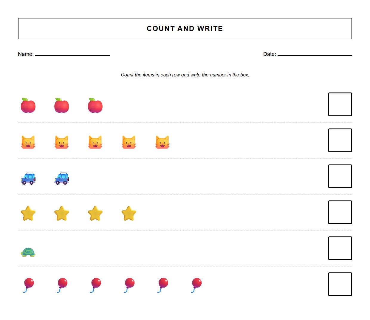 Count and Write Numbers Worksheet with Visual Representation