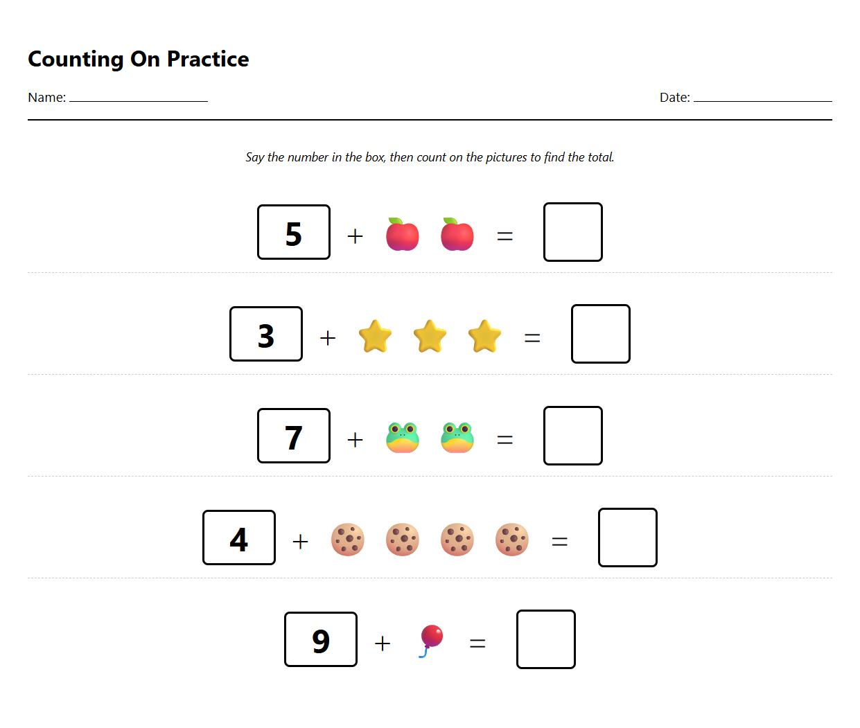 Counting On Technique Worksheet for Kindergarten