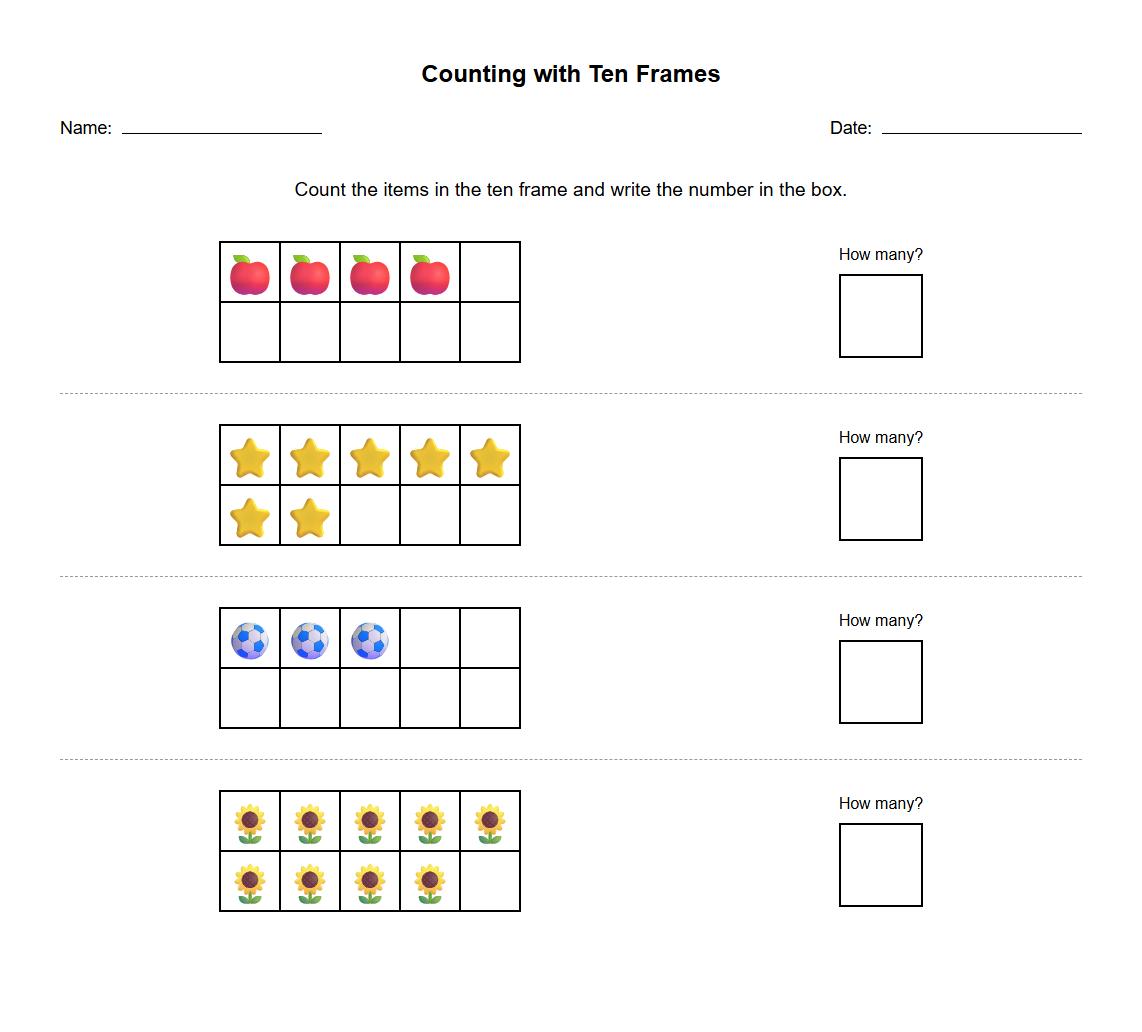 Counting with Ten Frames Activity Sheet