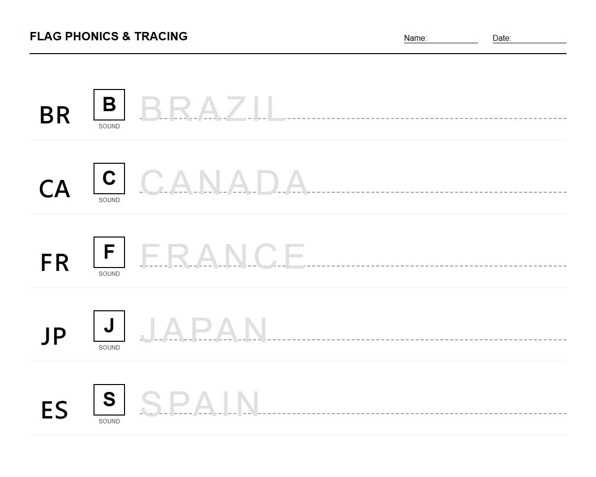 Country Flag Emblems Phonics Tracing Worksheet