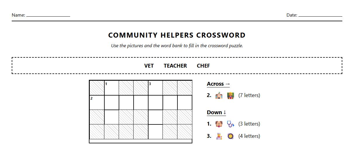 Crossword on Community Helpers Incorporating Role Identification