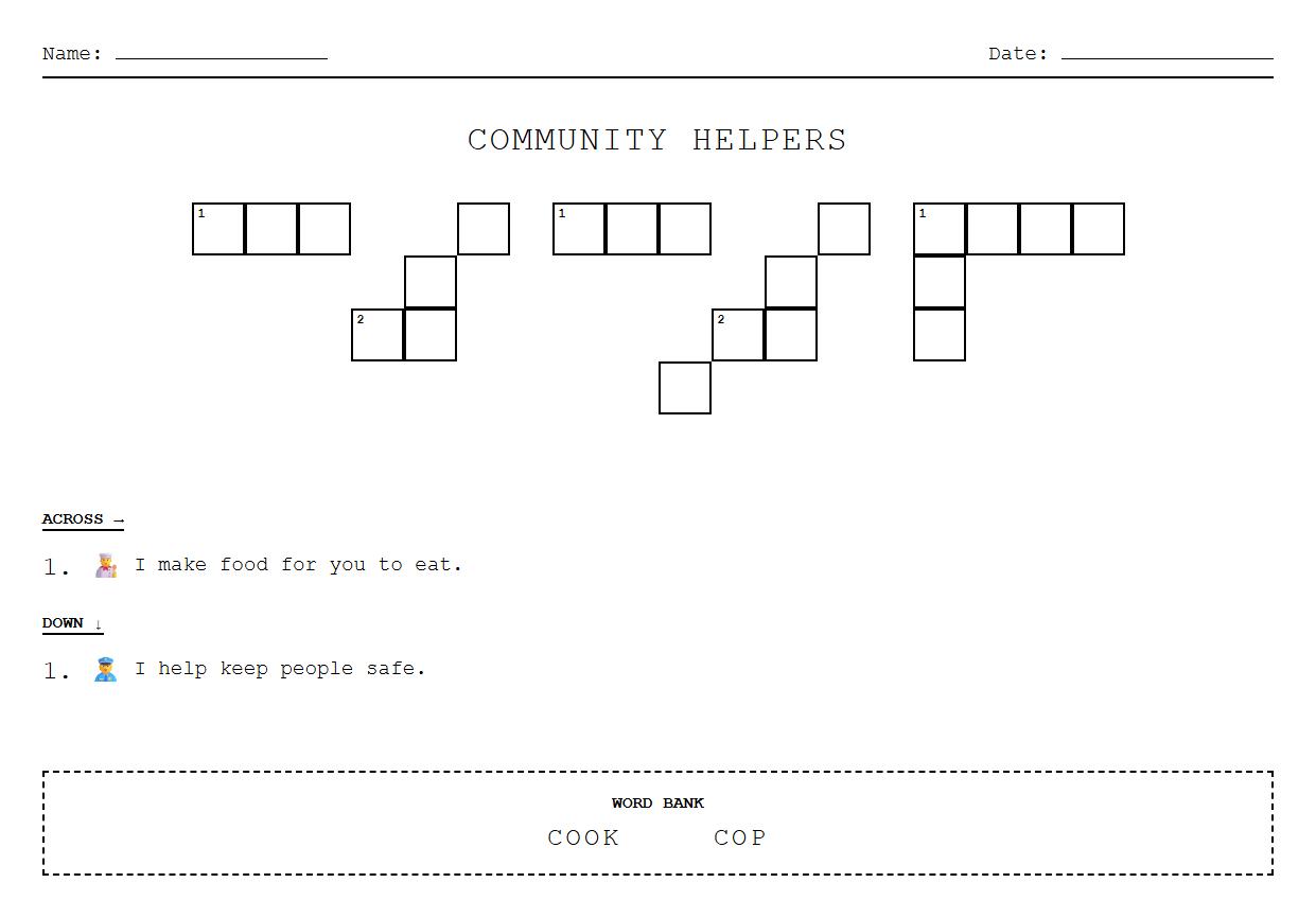 Crossword Worksheet with Community Helpers and Context Sentences