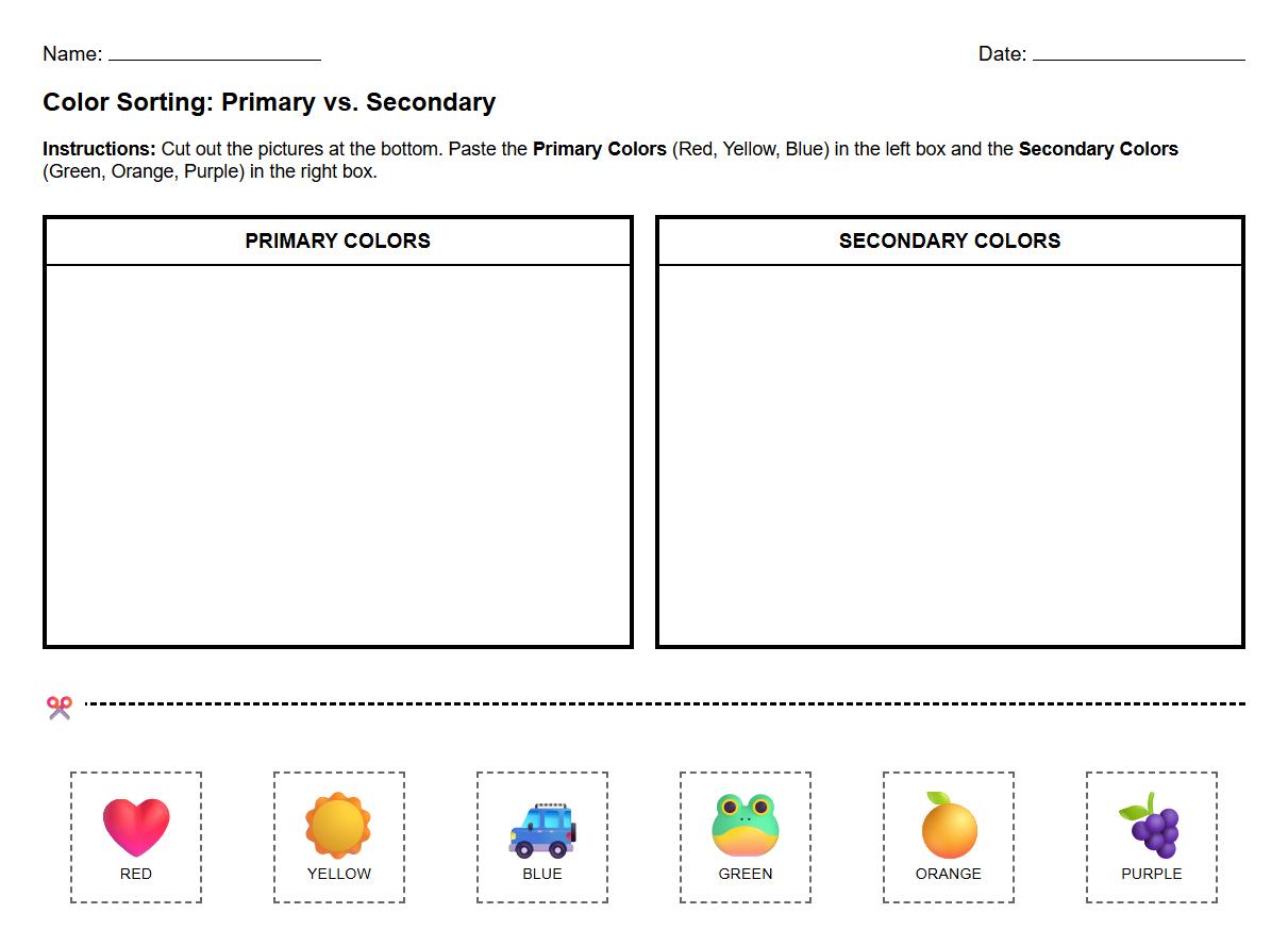Cut and Paste Activity for Identifying Primary and Secondary Colors