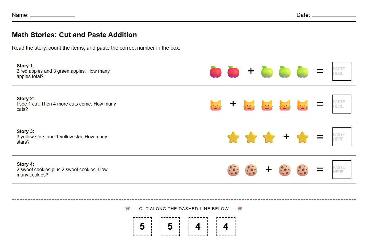Cut and Paste Addition Activity Worksheet using math stories