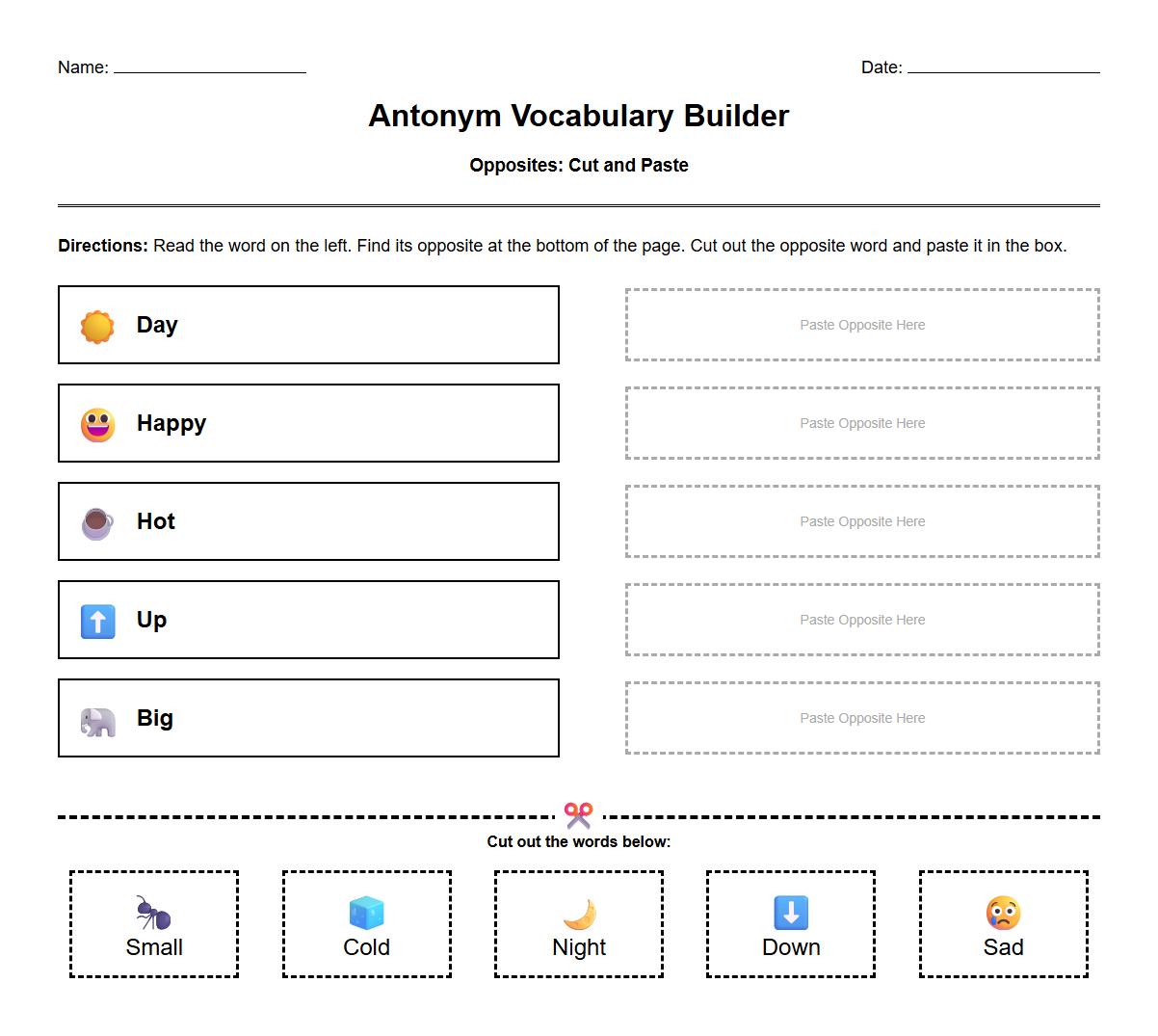 Cut and Paste Antonym Vocabulary Builder