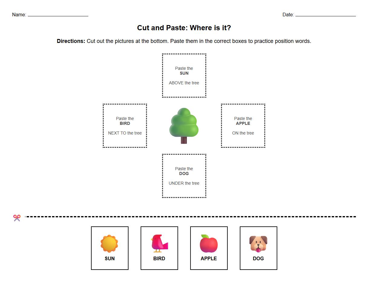 Cut and Paste Prepositions Worksheet for Spatial Awareness Skills