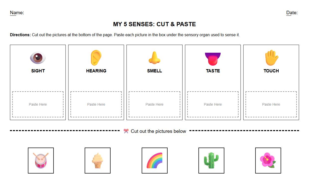 Cut and Paste Science Worksheet for Identifying Sensory Organs