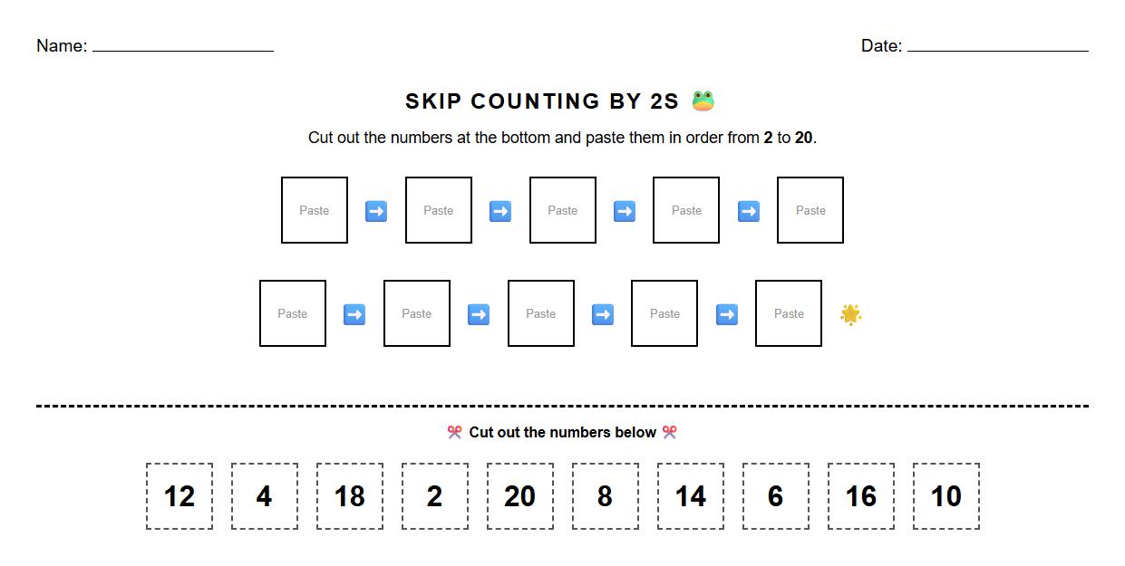 Cut and Paste Skip Counting by 2s Sequencing Worksheet