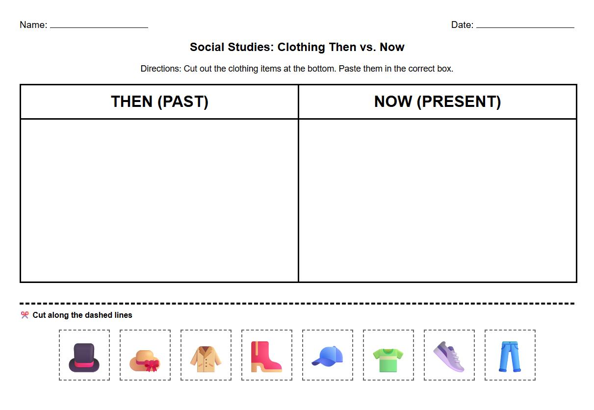 Cut and Paste Worksheet for Comparing Clothing Then vs Now